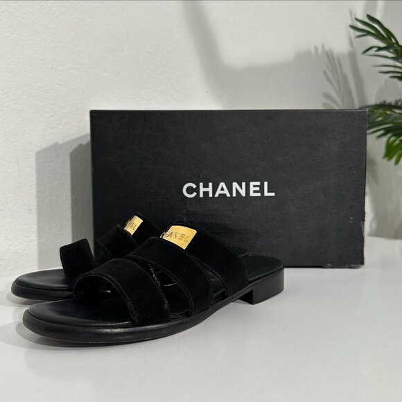 Chanel 98P Black Suede Three-Strap Slide Sandals – Size 38 (with Box) - Picture 1 of 6